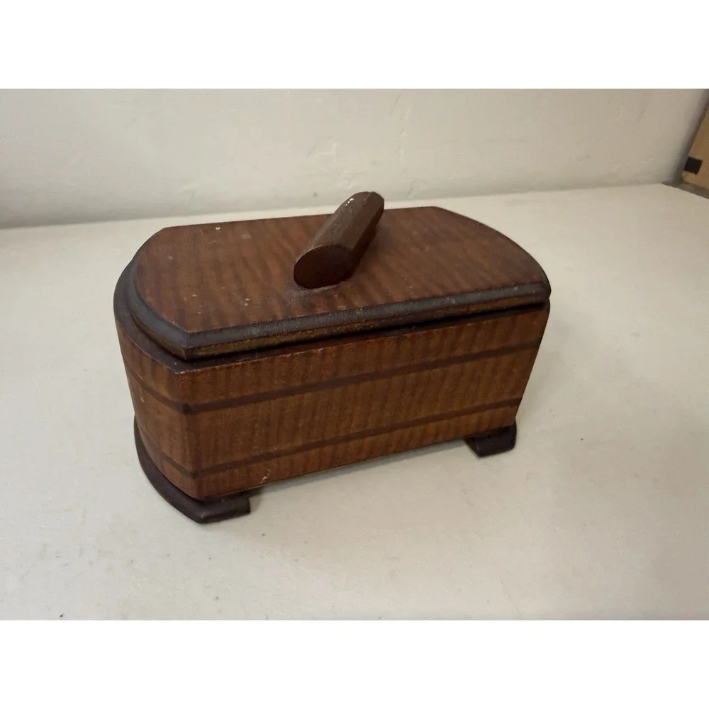 Vintage Art Deco Wood Keepsake Box Satin Lined Celluloid Faux Pearl Lid Insert